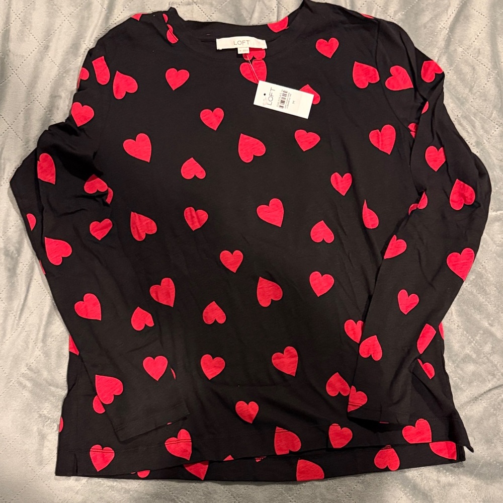 LOFT Black Top with Red Heart Pattern NWT